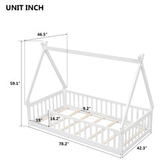 Bellemave® Twin Size Tent-Shaped Floor Bed with Guardrails and Slats