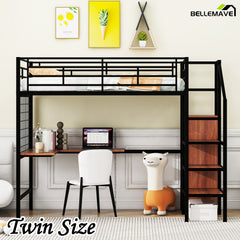 Bellemave® Metal Loft Bed with Desk and Metal Grid, Lateral Storage Ladder and Wardrobe