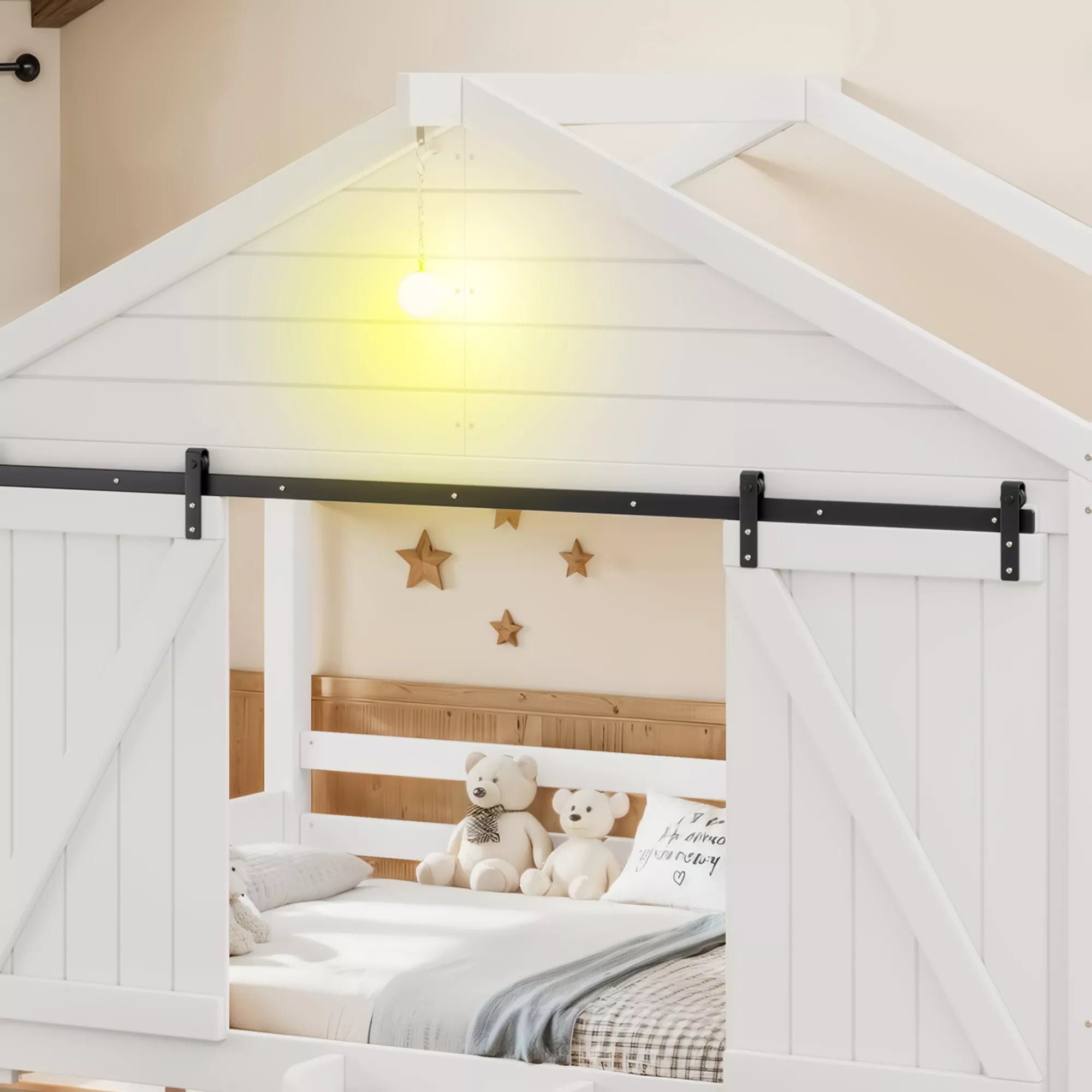kids farmhouse bed with sliding barn door and cozy built in light