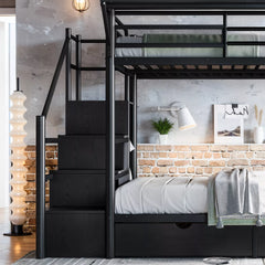 Side view of metal bunk bed staircase with built-in cabinet storage beside the lower bunk