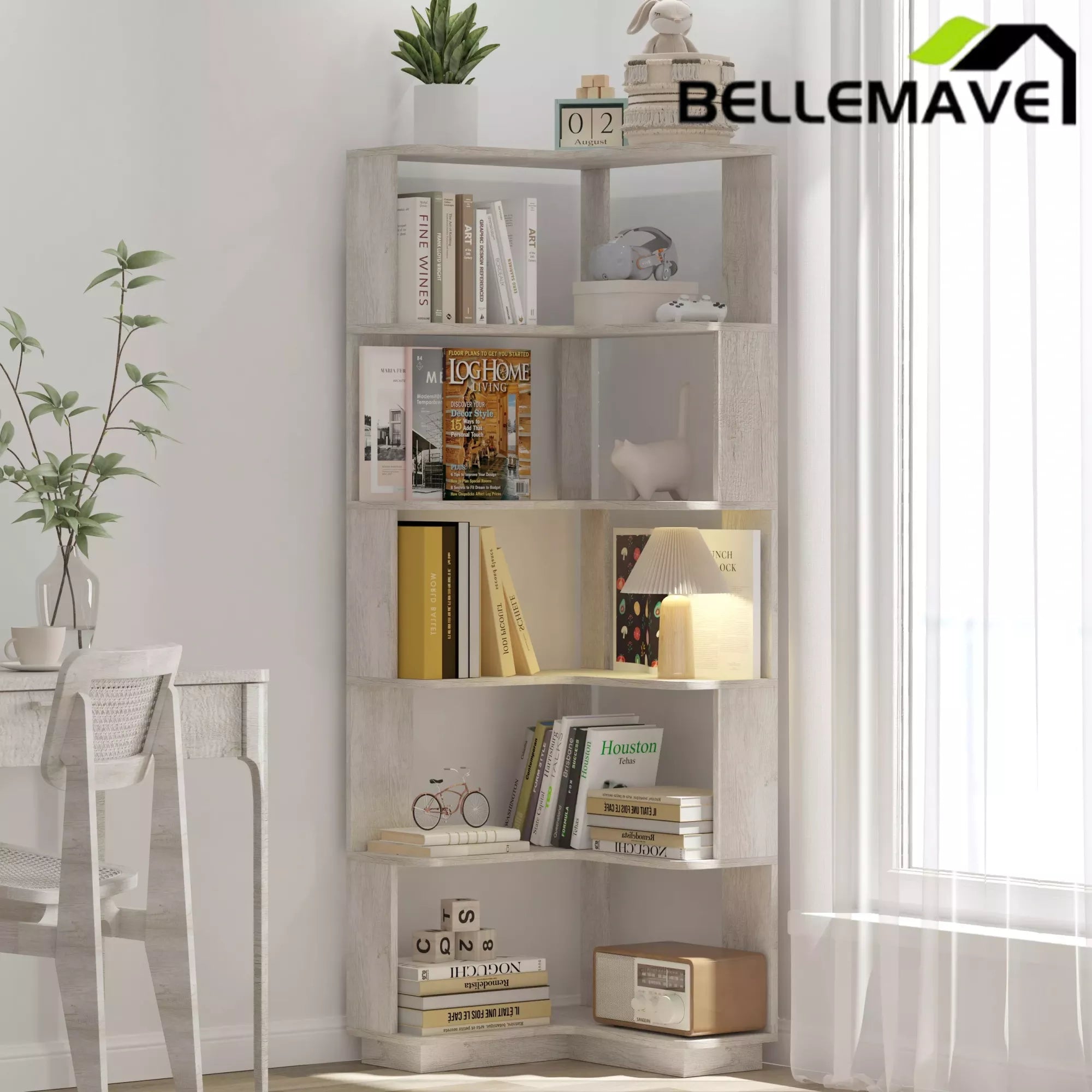 Bellemave® 6 Tier Corner Bookshelf, Industrial L Shaped Bookcase with Anti-Drop Panel, Freestanding Wood Grain Shelf Display Rack Storage Organizer for Home Office Bellemave®
