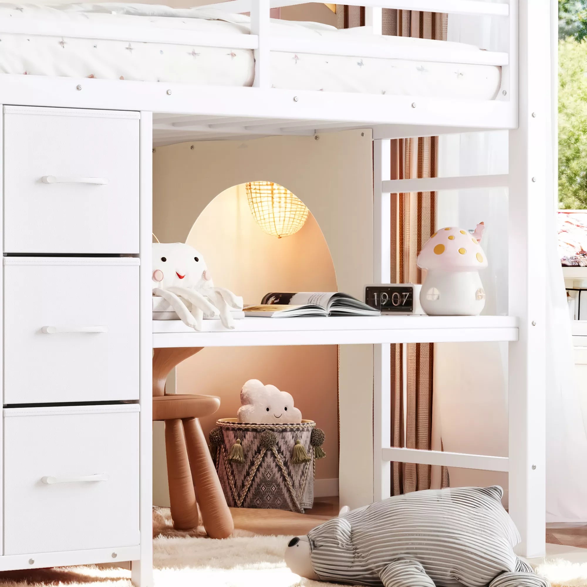 white twin low loft bed bedroom setup with study area
