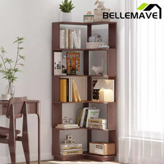 Bellemave® 6 Tier Corner Bookshelf, Industrial L Shaped Bookcase with Anti-Drop Panel, Freestanding Wood Grain Shelf Display Rack Storage Organizer for Home Office Bellemave®