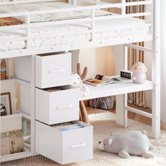 low loft bed with desk and storage drawers for kids room