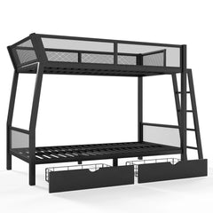 Black metal bunk bed with mesh guardrails, an angled ladder, and two extended storage drawers