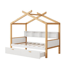 Bellemave® Wooden House Bed Original Wood Color Frame with Two Drawers and Bookshelf Storage Space