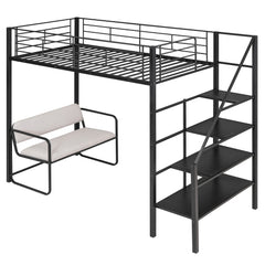 Bellemave® Twin Size Metal Loft Bed with Bench and Storage Staircase