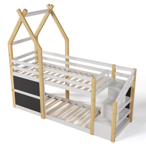 Bellemave Twin Size House Bunk Bed with Storage Staircase and 2 Blackboards