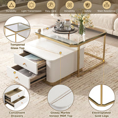 Bellemave® Modern 2 Pieces Square Nesting Coffee Table with Drawers & Electroplated Gold Legs