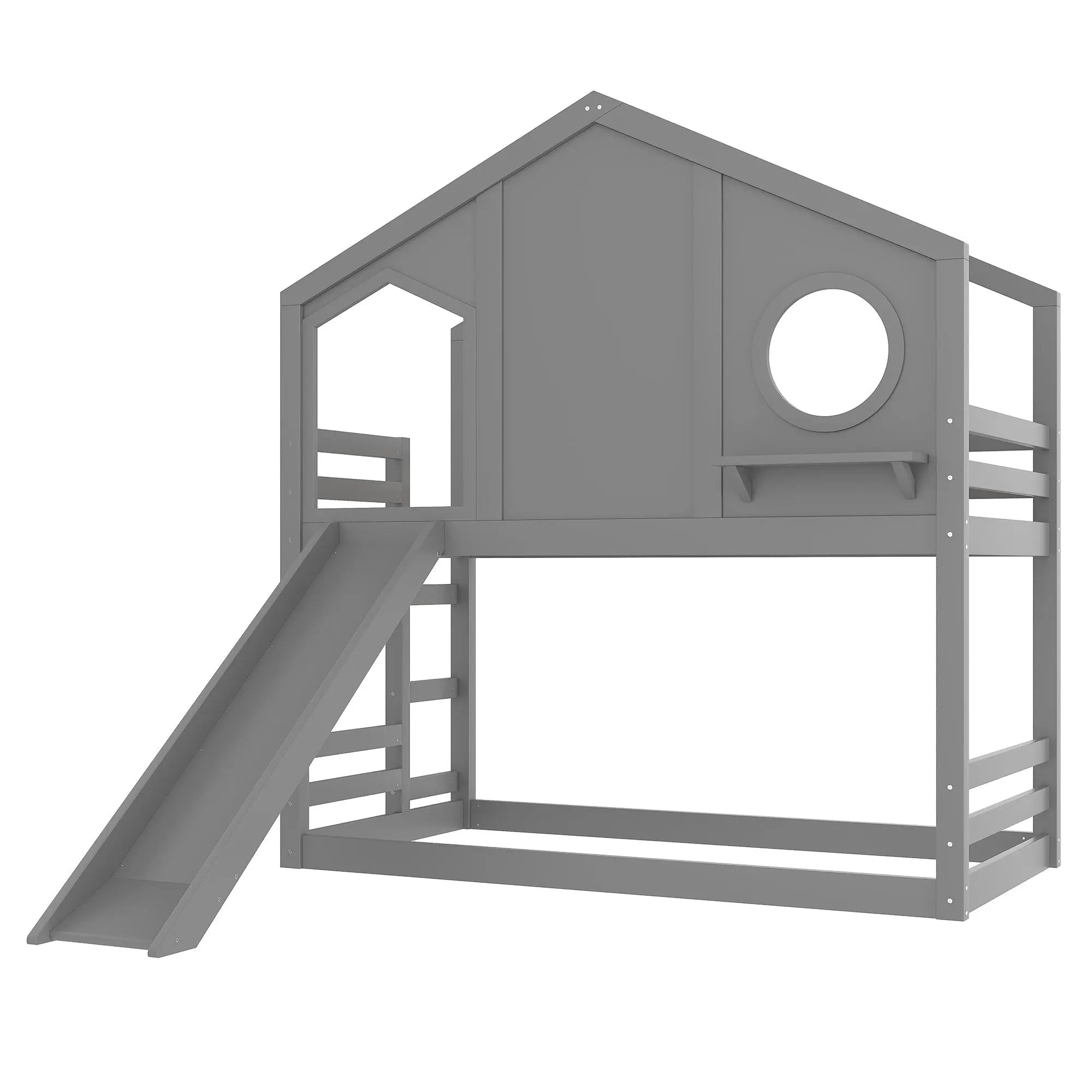 Bellemave® Twin Size House Bunk Bed with Slide and Storage Shelf, Twin Floor Bunk Beds Frame with Safety Guardrails for Kids Girls Boys, Grey Bellemave®