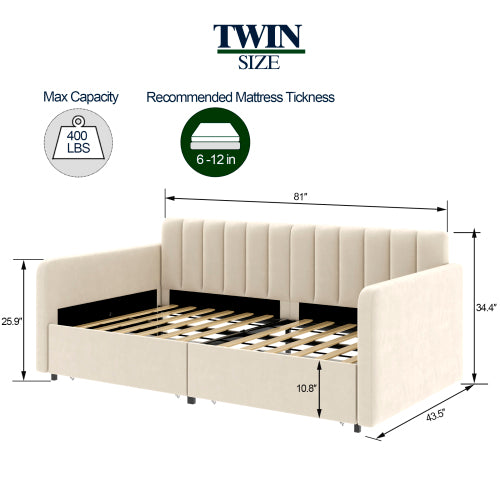Bellemave® Twin Size Upholstered Daybed with 2 Drawers and Ribbed Tufted Backrest