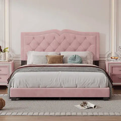 Bellemave® Velvet Upholstered Platform Bed with Tufted Headboard and Rivet Design Bellemave®