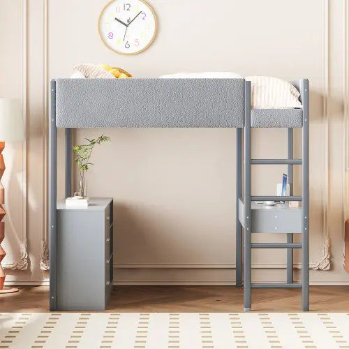 Bellemave® Wood Teddy Fleece Loft Bed with Desk and Cabinets Bellemave®