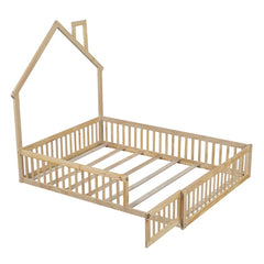 Bellemave® Full Size Wood House Floor Bed with Guardrail