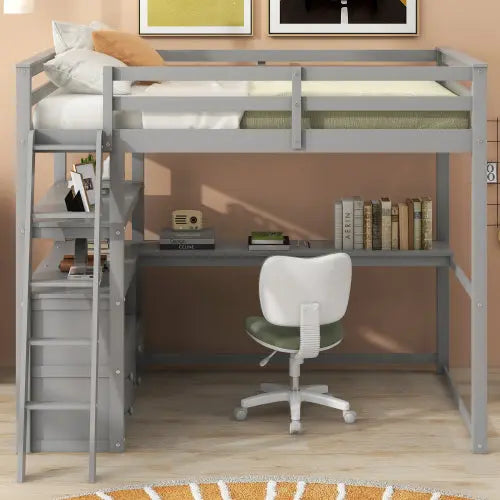 Bellemave® Loft Bed with Desk and Shelves, Two Built-in Drawers Bellemave®