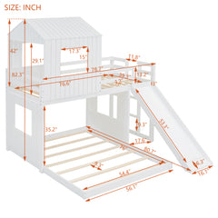 Bellemave® Twin over Full House Bunk Bed with Playhouse, Farmhouse and Ladder, Slide and Guardrails