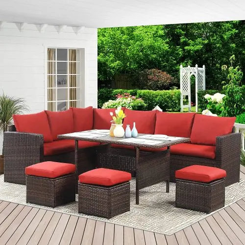 Bellemave 7-Pieces PE Rattan Wicker Patio Dining Sectional Cusions Sofa Set with Cushions Bellemave