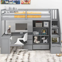 Bellemave® Twin Size Loft Bed with L-Shaped Desk and Drawers, Cabinet and Storage Staircase