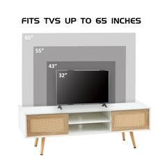 Bellemave® 55.12" Rattan TV cabinet, Double Sliding Doors For Storage, Adjustable Shelf, Solid Wood Legs