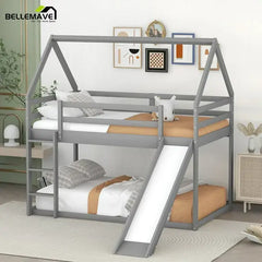 Bellemave® Twin Size Floor House Bunk Bed with Slide and Ladder