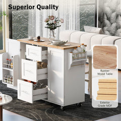 Bellemave® Rolling Kitchen Island with Storage and Rubber Wood Top, 3 Drawer, 2 Slide-Out Shelf and Internal Storage Rack, Spice Rack and Tower Rack