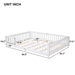 Bellemave® Queen Size Montessori Floor Bed with Fence Guardrails and Door