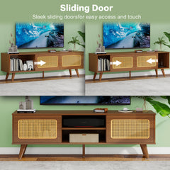 Bellemave® Mid Century Modern Rattan TV Stand with Solid Wood Feet & Rattan Cabinet Doors