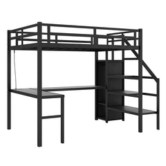 Bellemave® Metal Loft Bed with L-shaped Desk,Wardrobe and Adjustable Shelf