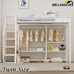 Bellemave® Metal Loft Bed with Wardrobe and Storage Shelves