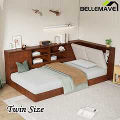 Bellemave® Twin Size Wooden L-Shaped Daybed with Storage Bookcase and Upholstered Headboard and USB Charging Ports