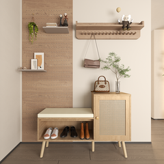 Bellemave® 2-in-1 Natural Rattan Shoe Cabinet with 2 Adjustable Shelves and Removable Seat Cushion