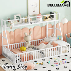 Bellemave® Metal Floor Bed with Safety Fence, Desk and Storage Shelves