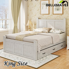 Bellemave® Farmhouse Style Four Square Poster Platform Bed with Three Storage Drawers