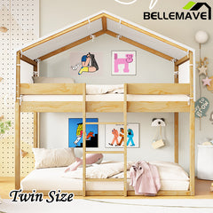 Bellemave® Twin Size Wood House Bunk Bed with Tent