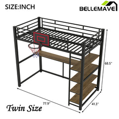 Bellemave® Twin Size Metal Loft Bed with Shelves, Desk and Basketball Hoop