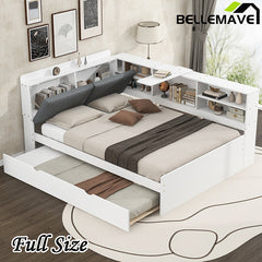 Bellemave® Full Size Wood Daybed with Trundle, Shelves and Storage Headboard