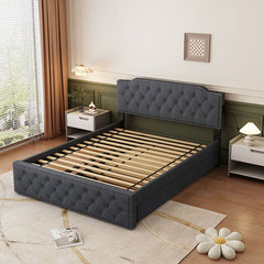 Bellemave® Queen Size Upholstered Platform Bed with Twin Size Trundle Bed and USB Ports , Decorate with Copper Nails