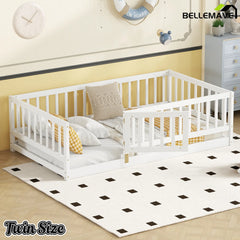 Bellemave® Twin Size Floor Bed Frame with Door and Slats,Wood Kids Montessori Floor Bed with Safety Guardrails Bellemave®