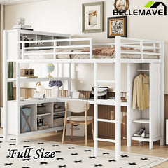 Bellemave® Full Size Metal Loft Bed with Wardrobe And L-shaped Desk,  Storage Cubes and Shelves