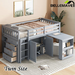 Bellemave® Twin Size Rubber Wood Loft Bed with Storage Cabinet, Drawer and Shelf Cabinet and Pulling-Out Desk, Safety Guardrail and Ladder