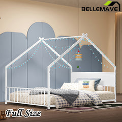 Bellemave® Twin Size Metal House Bed with Roof and Colorful Lights, Slats and Legs