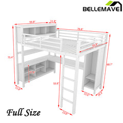 Bellemave® Full Size Metal Loft Bed with Wardrobe And L-shaped Desk,  Storage Cubes and Shelves