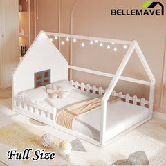 Bellemave® Full Size Wood Floor House Bed with Window and Fence