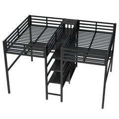 Bellemave® Twin Over Twin Metal Loft Bed with Double Desk, Wardrobe and Shelves with Electrical Outlet