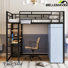 Bellemave® Loft Metal Bed with Desk,Shelves,Power Outlet,LED Light and Wardrobe