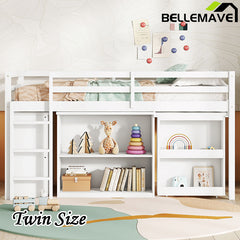 Bellemave® Twin Size Rubber Wood Loft Bed with Stroage Case, Drawer Cabinet, Shelf Cabinet, Pulling -Out Desk,Safety Guardrail, Ladder