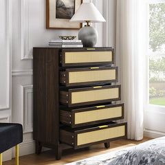 Bellemave® Modern Rattan Dresser with 5 Drawers and Metal Handles