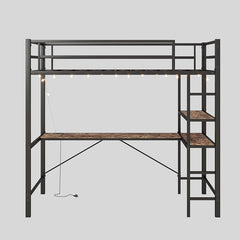 Bellemave® Twin Size Metal Loft Bed with L-Shaped Desk and Shelves, Charging Station, Led Lights, Safety Guard & Ladder