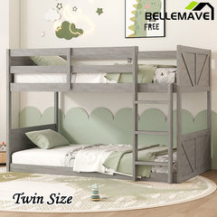 Bellemave® Twin Size Solid Rubber Wood Floor Bunk Bed with Panelled Headboard and Footboard,&nbsp; Safety Guardrails and Built-in ladder