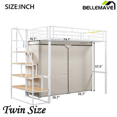 Bellemave® Metal Loft Bed with Wardrobe and Storage Shelves